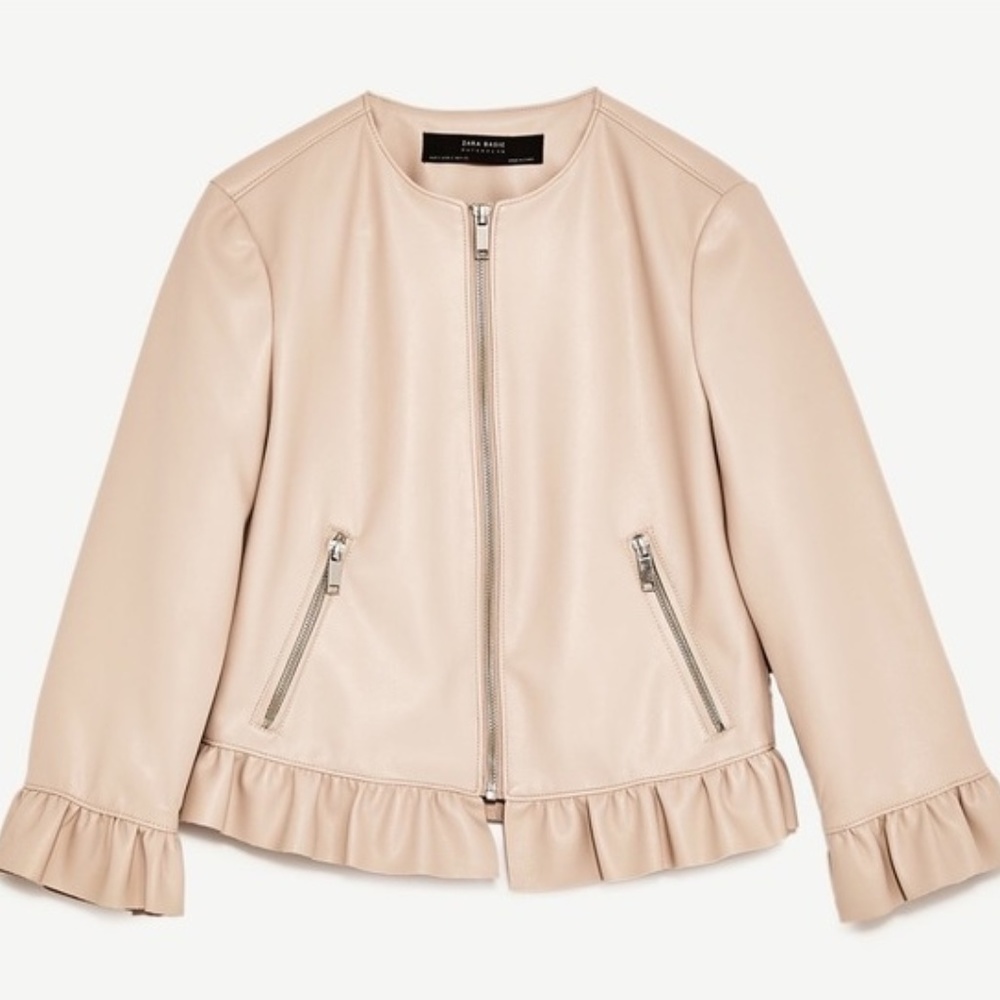 Zara Faux Leather Ruffle Jacket Nude Pink XS NWT